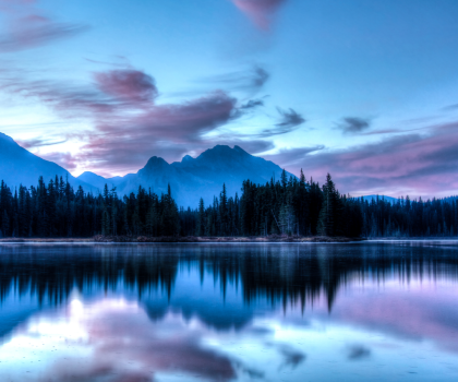 Calm mountain and lake landscape at dusk